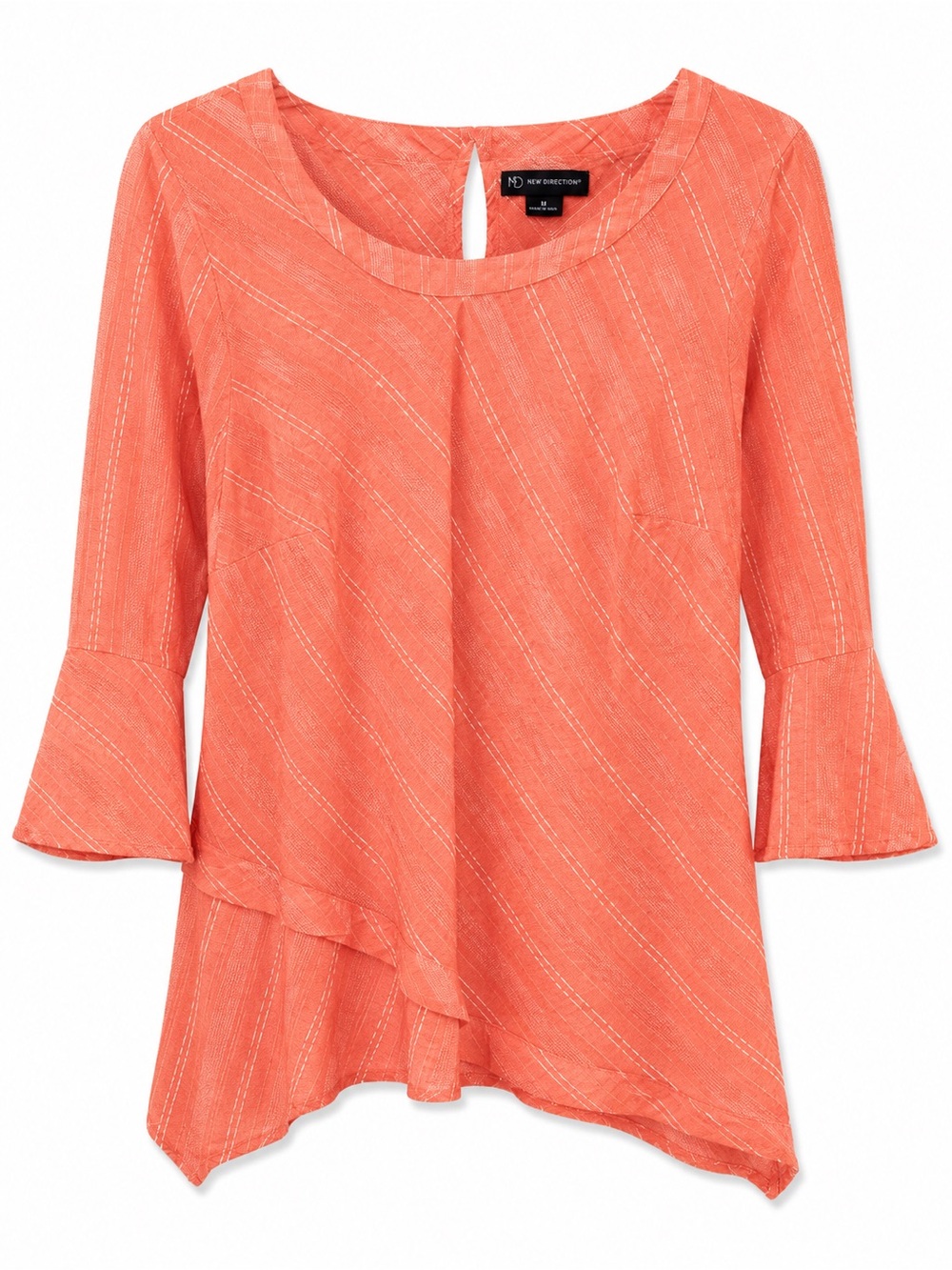 new directions Coral Orange Asymmetrical Ruffle Sleeve Top